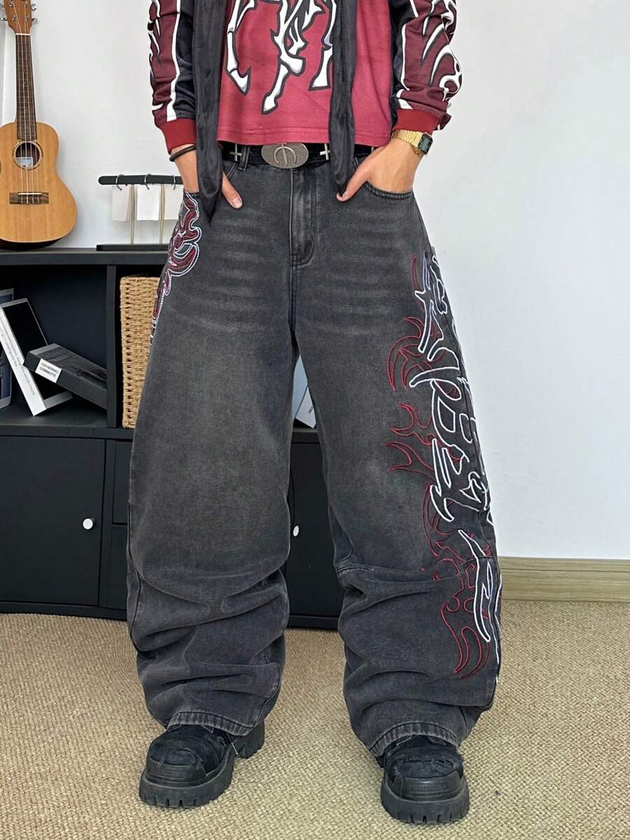 STEELVANCE Quần jeans ống đứng dáng rộng, phong cách vintage rách rưới với họa tiết thêu râu mèo, trang phục đường phố đa năng. - màu đen - Xem 1