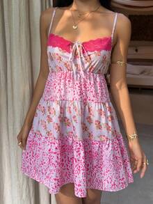Sunnyshic Women's Vacation Casual Leopard Print Patchwork Floral Contrast Color Mini Camisole Dress - Mauve Purple - View 5