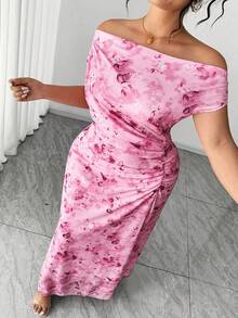 SHEIN PETITE CURVE 大码优雅露肩可调节腰身浪漫度假海滩下午茶约会网纱印花连衣裙 - 粉色 - 查看 7