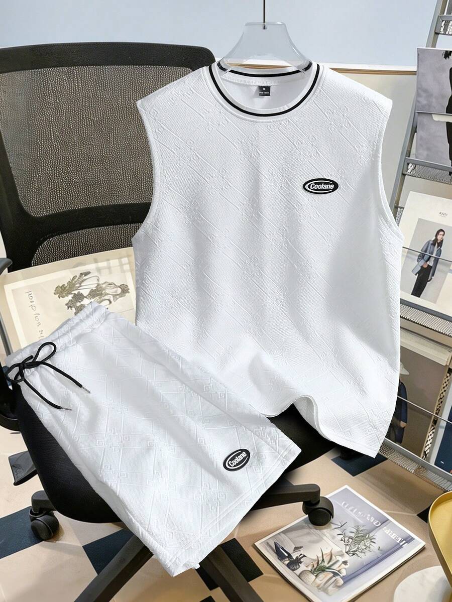 Manfinity Joysei Men's Knitted Jacquard Solid Color Textured Ribbed Collar Sweater Vest Set, Holiday - White - View 1