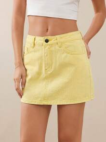 WESTFADE Chân váy mini denim cơ bản cao cấp, chất liệu 91% cotton. - Vàng nhạt - Xem 4