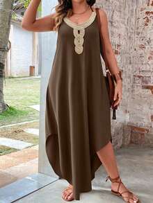 Breezaya Plus Size Women Versatile Slimming Floral Trim Collar Maxi Camisole Dress - Brown - View 6