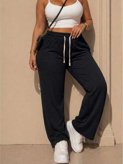 Pantalón de pierna ancha para mujer, diseño casual y elegante, tela de algodón y poliéster, apto para cualquier temporada. Ajuste de cintura natural con cordón ajustable, sin bolsillos. Fresco, ligero y cómodo, ideal para el uso diario.