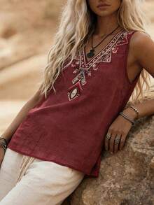 Áo tank top mùa hè cho nữ, áo tank top không tay cổ chữ V in họa tiết, áo tank top mặc thường ngày, thích hợp cho kỳ nghỉ hoặc đi chơi. - Màu Đỏ Sâu - Xem 8