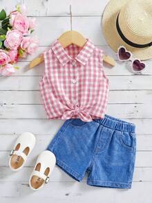 SHEIN Áo sơ mi ngắn tay kẻ sọc dệt kim kiểu dáng thường ngày dành cho bé gái - Hồng - Xem 3