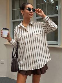 DAZY Áo sơ mi 2 trong 1 kẻ sọc dáng rộng thoải mái dành cho nữ - Màu Khaki - Xem 4