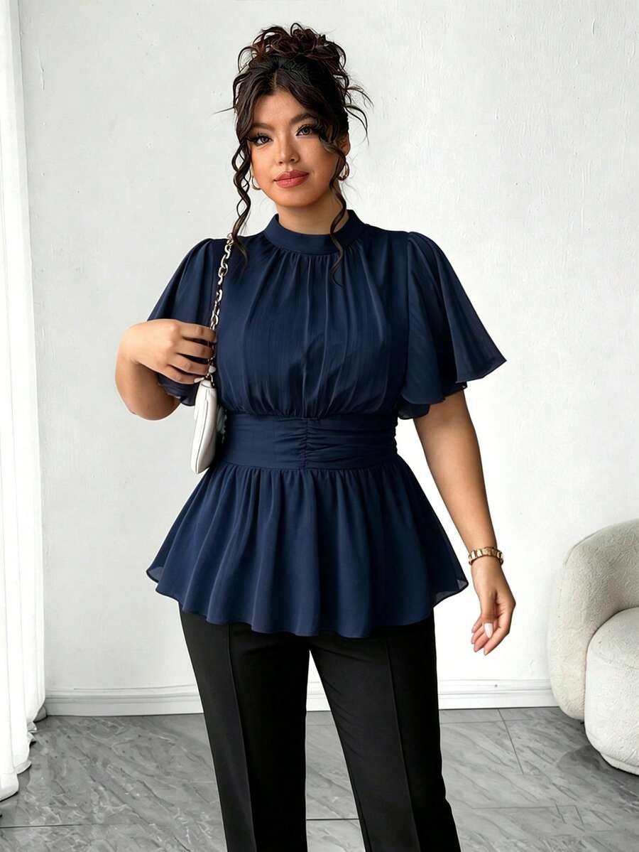 Elenzga Plus Size Women's New Elegant Versatile Batwing Sleeve Cinched Waist Spring/Summer Blouse - Navy Blue - View 1