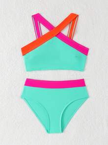 SHEIN Bộ bikini màu sắc mùa hè cho bé gái tuổi teen, đồ bơi đi biển thường ngày - Màu xanh Bạc hà - Xem 3