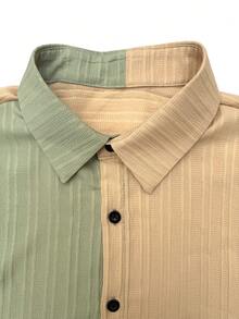 Conjunto de playa para hombre con camisa de manga corta de unicolor y abotonadura sencilla y pantalones cortos con cintura de cordón, para vacaciones - Verde - Ver 3