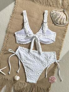 Swim Mod Damen Sommerurlaub Strand Outfit, zufälliges weißes spezielles Stoff dicke Träger Bikini Zweiteiler Badeanzug - Weiss - Übersicht 5