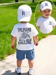 SHEIN Playful Pals 2件組 幼童男童夏季休閒海灘套裝 海洋海龜字母印花T恤與短褲 寬鬆版型 藍白條紋 夏威夷波西米亞風服飾 - 藍色 - 查看 4