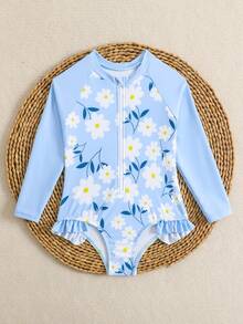 SHEIN Cô Gái Trẻ In hoa Dây kéo mặt trước Viền Ruffle Đồ bơi một mảnh - Màu xanh lam - Xem 3