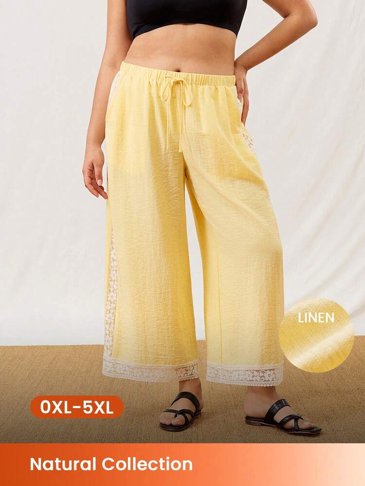 Pantalon ample d'été en lin doux et léger avec dentelle élégante, jambes larges. Pantalon d'intérieur aéré avec poches. Mode romantique et confortable à la maison. Tenues décontractées et confortables pour grande taille.