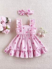 SHEIN Vintaside Kids 2 Stück Baby Mädchen Rosa Cartoon Erdbeere Karomuster Kleid mit süßer Schleife Haarband, 0-3 Monate, weich dehnbar bequem mit Rüschen, geeignet für Ausflüge, Urlaub, Fotografie, Frühling/Sommer Neuankömmling - Pink - Übersicht 2