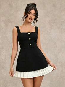 Vestido romántico y dulce de color negro y blanco para citas, con dobladillo con volantes, prenda para capas en primavera, verano y otoño - Negro - Ver 2