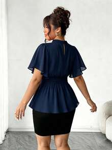 Elenzga Plus Size Women's New Elegant Versatile Batwing Sleeve Cinched Waist Spring/Summer Blouse - Navy Blue - View 2