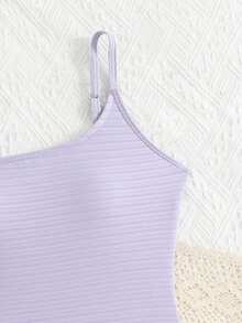 Tween Girls Summer Beach Solid Color Asymmetric Neckline One-Piece Swimsuit For Vacation - Purple - View 3