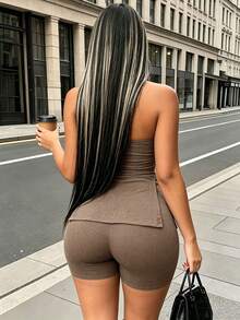INAWLY Solva Women's Summer Casual Solid Color Side Slit Tube Top And Shorts 2 Pieces Set - Brown - View 2