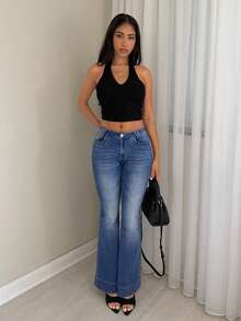 TRNVIE Damen Mode Jeans mit tailliertem Bund und weitem Beinverlauf - Blau - Übersicht 13