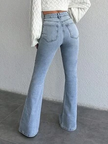 SHEIN بنطلون جينز واسع الساق بخصر مرتفع من القطن بلون أزرق فاتح سادة، إغلاق بأزرار، ستايل كاجوال ستريت وير، مناسب للاستخدام اليومي والمواعيد في فصل الخريف - أزرق فاتح - مشاهدة 3