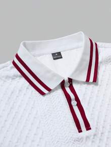 Manfinity Joysei Men's Knitted Jacquard White And Red Textured Classic Ribbed Collar 2-Button Polo Shirt Golf Summer Casual - White - View 6