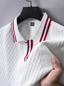Manfinity Joysei Men's Knitted Jacquard White And Red Textured Classic Ribbed Collar 2-Button Polo Shirt Golf Summer Casual - White - View 3