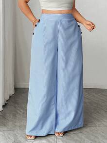 SHEIN Tall CURVE Quần dài nữ cỡ lớn kiểu Hàn Quốc thanh lịch mùa xuân/hè mới, họa tiết kẻ sọc xanh trắng, chất liệu vải lanh, cạp cao, dáng suông, rộng rãi, thoải mái. - Xanh và trắng - Xem 5