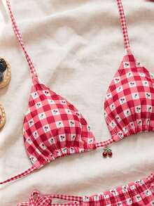 Swim Mod Bộ đồ đi biển 2 món dành cho nữ, thời trang dễ thương, gợi cảm, đồ bơi nghỉ mát, áo crop top buộc dây sau lưng và quần bikini buộc dây bên hông họa tiết kẻ caro in ngẫu nhiên hình quả anh đào, thích hợp cho mùa xuân/hè. - Nhiều màu - Xem 4