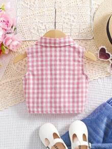 SHEIN Áo sơ mi ngắn tay kẻ sọc dệt kim kiểu dáng thường ngày dành cho bé gái - Hồng - Xem 2