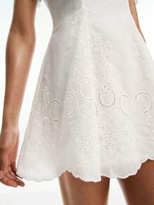 Joudiya Vestido de encaje blanco de primavera y verano, diseño de empalme jacquard con textura calada, informal y dulce, adecuado para el Día de San Valentín, boda, fiesta, evento de moda, falda corta en línea A, manga corta, vestido elegante para el trabajo para mujeres - Blanco - Ver 8