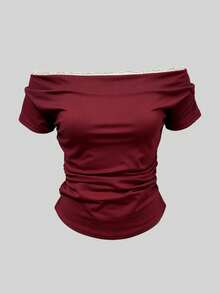 INAWLY Women's Fashion Pleated Burgundy 2 In 1 T-Shirt - Burgundy - View 7