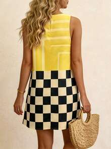 Vaclyn Vestido mini sin mangas con estampado de bloques de color para vacaciones de verano de mujer - Multicolor - Ver 2