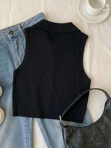 SWETER CROP SIN MAGAS CUELLO CAMISERO - NEGRO - Ver 2