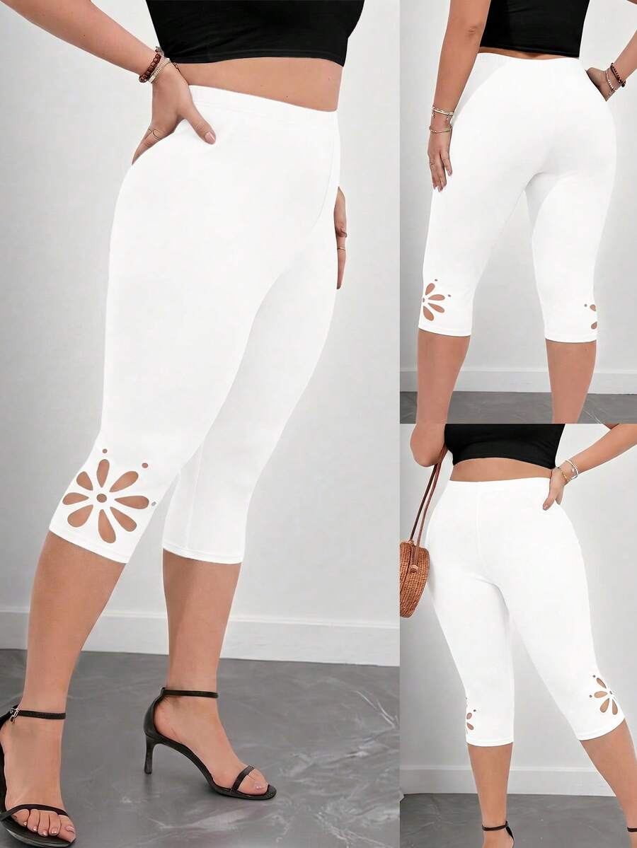 Elenzga Plus Size Women's Solid Color Minimalist Leggings, Everyday Wear - White - View 1
