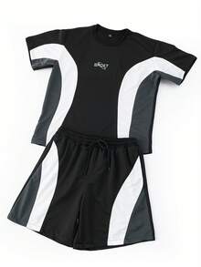 Manfinity Hypemode Set Kaos Lengan Pendek Leher Bulat dan Celana Pendek Pria, untuk Liburan - MultiWarna - View 3