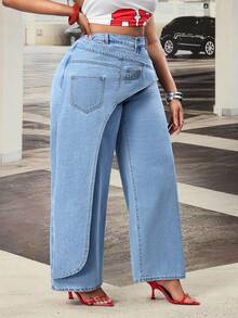 Slaydiva Plus Size Women's High Waist Retro American Patchwork Asymmetric Deconstructed Design Wide Leg Jeans - Light Wash - View 5