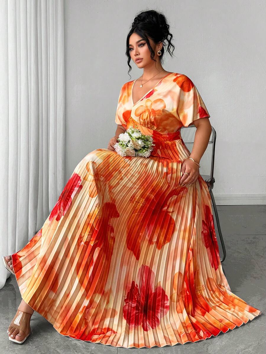 Rometta Đầm maxi mùa hè mới dành cho nữ cỡ lớn, chất liệu chiffon, màu cam họa tiết hoa, cổ chữ V, gợi cảm, thanh lịch, thắt eo, dáng suông, phù hợp cho các dịp thường nhật, nghỉ mát, tiệc tùng. - trái cam - Xem 1