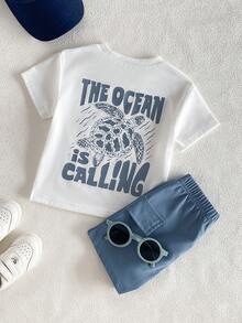 SHEIN Playful Pals 2件組 幼童男童夏季休閒海灘套裝 海洋海龜字母印花T恤與短褲 寬鬆版型 藍白條紋 夏威夷波西米亞風服飾 - 藍色 - 查看 6