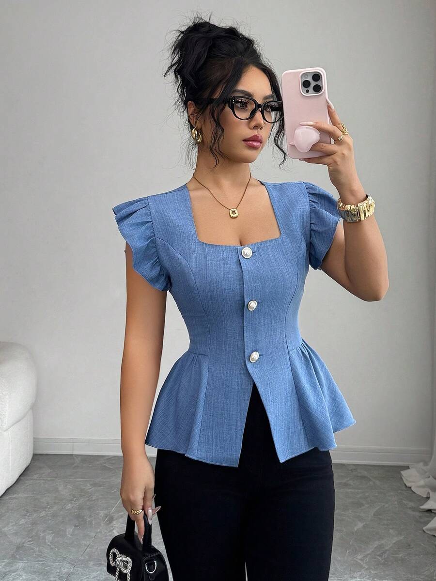 SHEIN Clasi Blouse élégante et à la mode pour femmes, col carré, manches courtes, taille cintrée, pour femmes de petite taille - Bleu gris - Voir 1