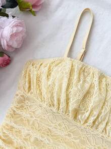 SHEIN 时尚优雅少女方领短袖连衣裙，复古花朵图案连衣裙，白色少女花园连衣裙，印花连衣裙，唯美夏日连衣裙，野餐连衣裙，白色碎花连衣裙，花园派对连衣裙 - 黃色 - 查看 6