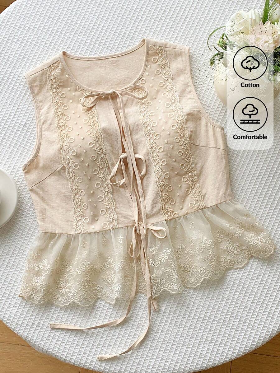 Comfortcana 女款花卉刺繡綁帶棉質無袖上衣,淺米色,夏季優雅休閒茶會蕾絲風格海灘度假上衣 - 卡其色 - 查看 1