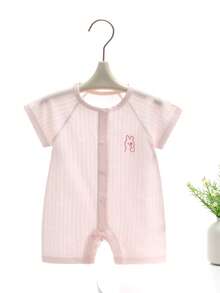 SHEIN Baby Girls' Romper,Soft 100% Cotton Short Sleeve Sportswear For Toddler,Pink Rabbit Print,Easter,0-1 Year,Baby Pink,Summer,Cute,Family Matching - Pink - View 4