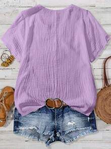 SHEIN LUNE CURVE Plus Size Casual Solid Color Lace Patchwork Shirt - Purple - View 2