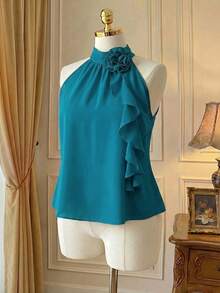 Rometta Plus Size Summer Elegant 3D Floral Ruffle Neck Blouse For New Year Clothes - Green - View 6
