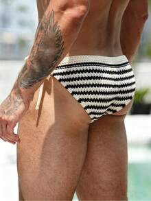 Surfspeed Men's Crochet Black And White Striped Swimwear,Summer Casual Drawstring Swim Briefs,Beach Vacation Holiday Bikini Bathing Suits,Resort Wear Trunks - Multicolor - View 5