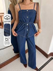 DAZY Bộ đồ nữ thường ngày gồm áo sơ mi có túi lưng và quần jeans ống rộng, chất liệu wash nhẹ, thích hợp cho mùa xuân/hè. - Rửa tối - Xem 1