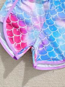 SHEIN Mermaid Print Long Sleeve Swimsuit Set, Purple, Vibrant Fish Scale Pattern Allows Kids To Swim Through Fairy-Tale Underwater World - Multicolor - View 4