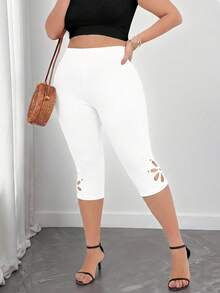 Elenzga Plus Size Women's Solid Color Minimalist Leggings, Everyday Wear - White - View 3