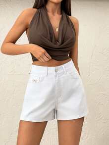 SHEIN Hochtailliger Regular Fit Lässig Stil Knopfverschluss Weiß Rohe Waschung Jeans Shorts - Weiss - Übersicht 8