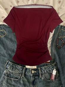 INAWLY Women's Fashion Pleated Burgundy 2 In 1 T-Shirt - Burgundy - View 2